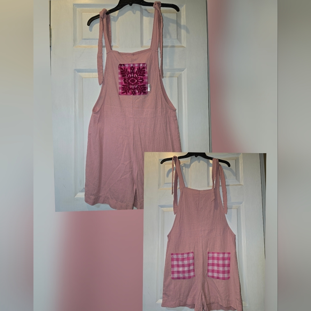 💗Upcycled Pink Palaka "Pua" Quilt Romper